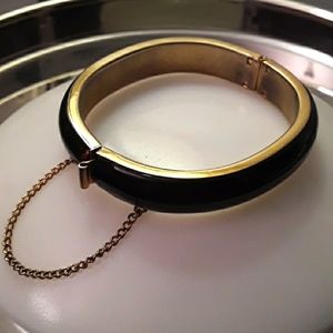 50s Hinged Bangle Bracelet, Black Enamel over gold tone metal